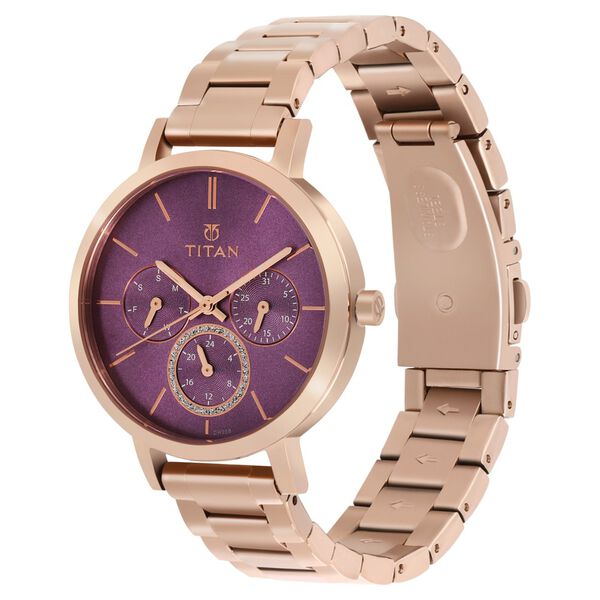 Titan Quartz Multifunction Rose Gold Dial Stainless Steel Strap Watch for Women - image number 2