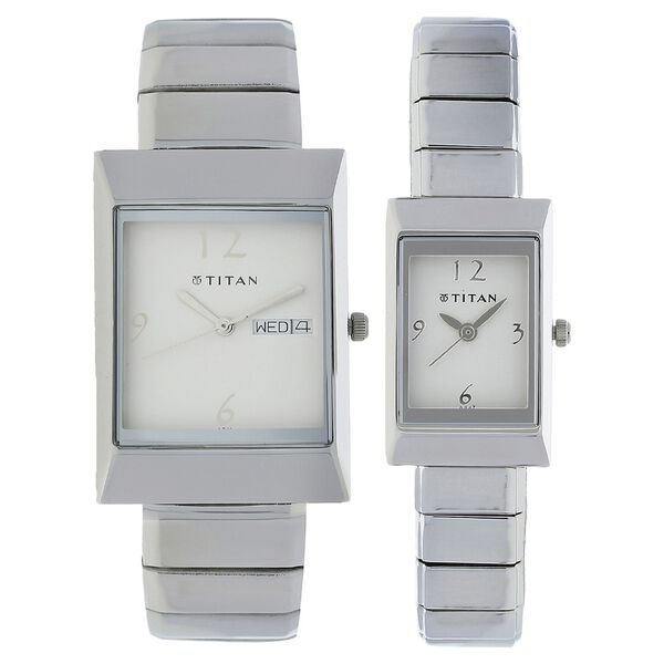 Titan Quartz Analog with Day and Date White Dial Stainless Steel Strap Watch for Couple - image number 0