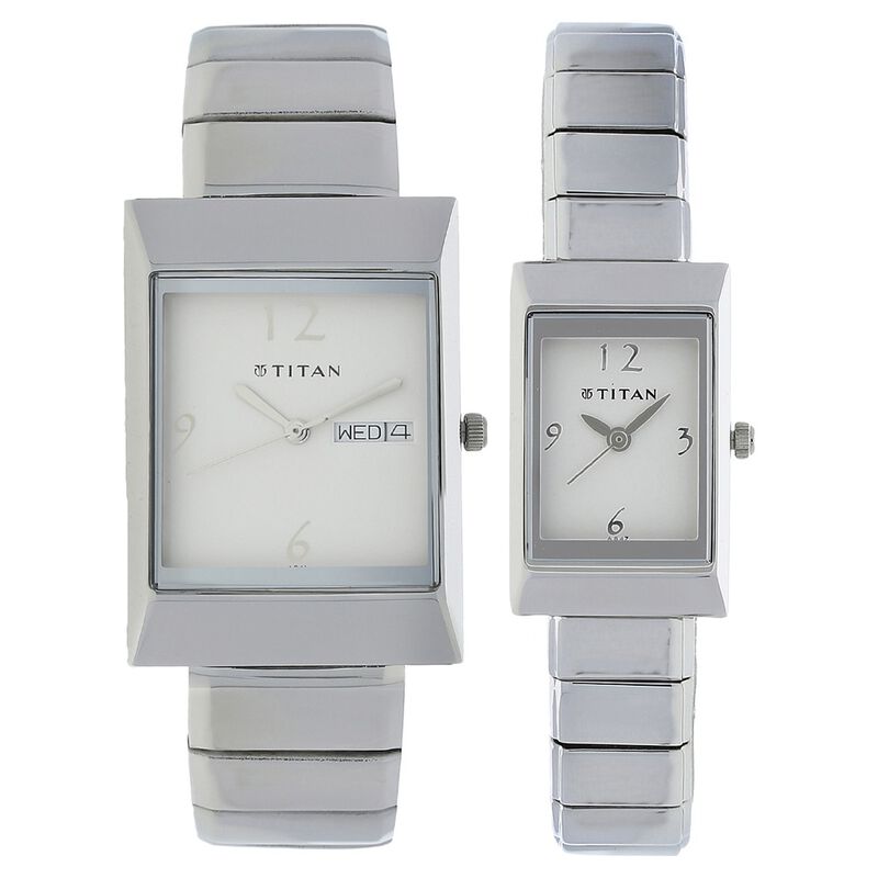 Titan Quartz Analog with Day and Date White Dial Stainless Steel Strap Watch for Couple