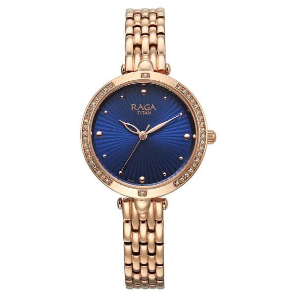 Titan Raga Showstopper Quartz Analog Blue Dial Rose Gold Metal Strap Watch For Women - image number 0