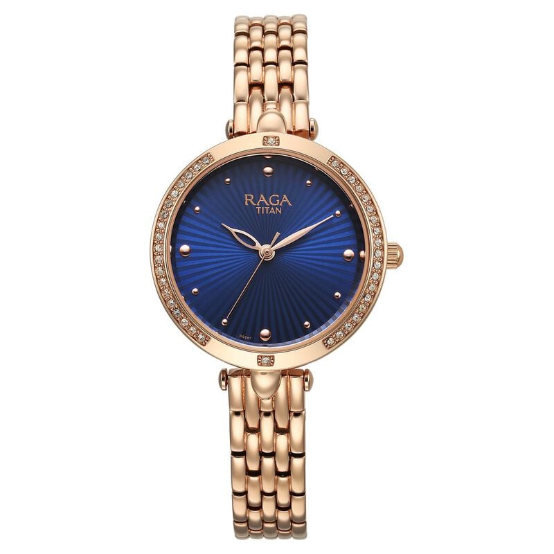 Titan Raga Showstopper Quartz Analog Blue Dial Rose Gold Metal Strap Watch For Women
