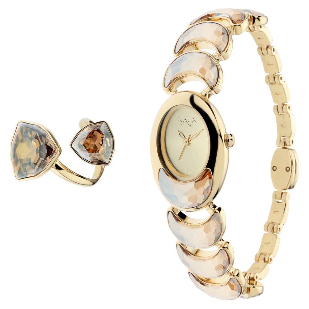 Buy Online Titan Quartz Analog Champagne Dial Metal Strap Watch