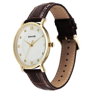 Sonata Wedding Quartz Analog Off White Dial Leather Strap Watch For Men