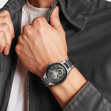 Titan Ceramic Fusion Automatic Black Dial Silver Dual-Toned Stainless Steel Bracelet Watch for Men