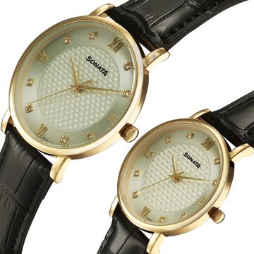 Sonata Perfect Pairs Quartz Analog Green Dial Black Leather Strap Watch For Couple