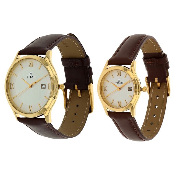 Titan Quartz Analog with Date Silver Dial Leather Strap Watch for Couple - image number 1