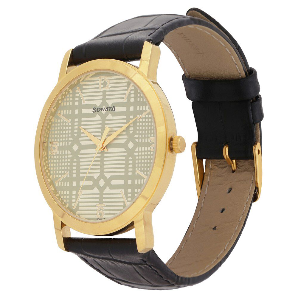 Buy Online Sonata Quartz Analog Silver Dial Leather Strap Watch
