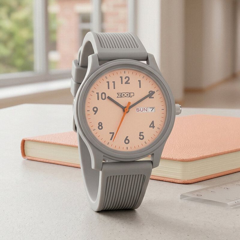 Zoop Back To School Analog Unisex Watch For Kids With Pinl Dial And Grey Strap From House Of Titan