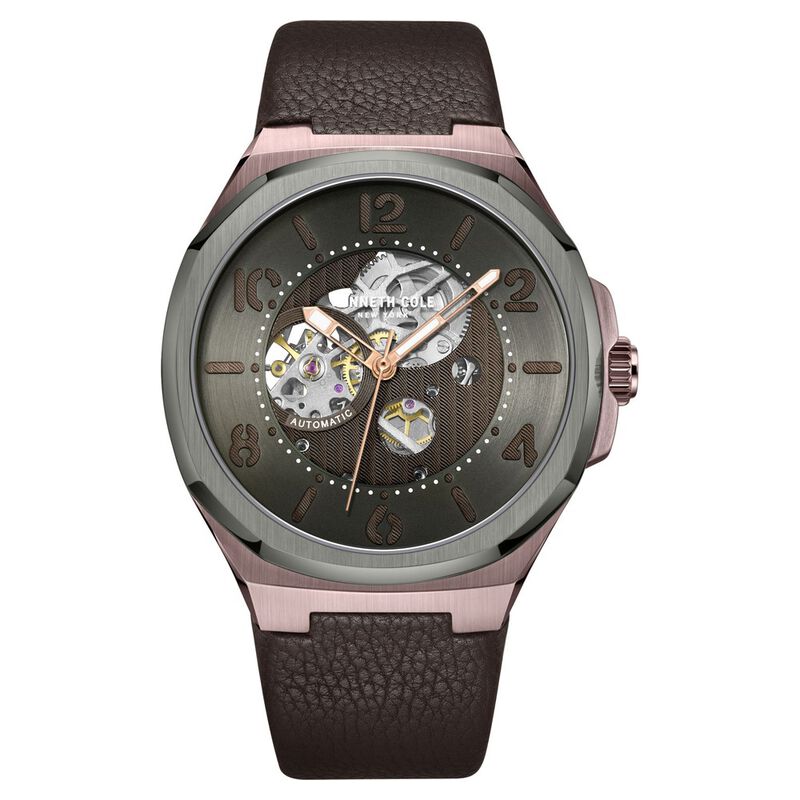 Kenneth Cole Automatic Grey Dial Brown Leather Strap Watch For Men