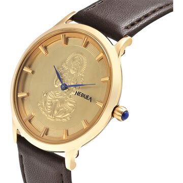 Titan Nebula Divinity 18k Gold Analog with embossed figure of godess Lakshmi Leather Strap Watch for women 