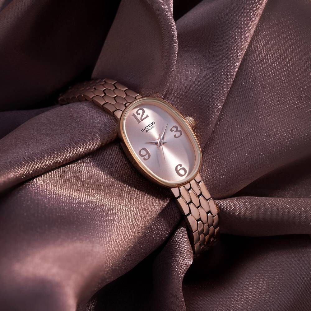 Buy Online Sonata Poze Quartz Analog Rose Gold Dial Metal Strap Watch for Women sp80052wm01w Titan