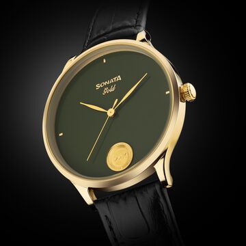 Sonata Sonata Gold Quartz Analog Sacred Forest Green With Gold Coin Dial Black Leather Strap Watch For Men