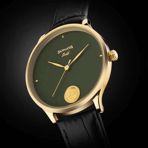Sonata Sonata Gold Quartz Analog Sacred Forest Green With Gold Coin Dial Black Leather Strap Watch For Men - image number 1