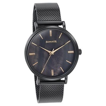 Sonata Quartz Analog Black Dial Black Stainless Steel Strap Watch For Women