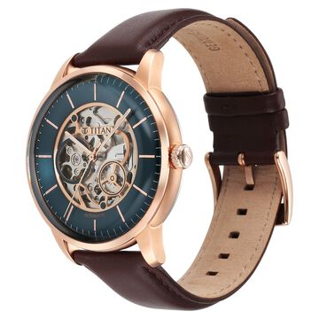Titan Skeletal Automatic Green Dial Brown Leather Strap Watch for Men