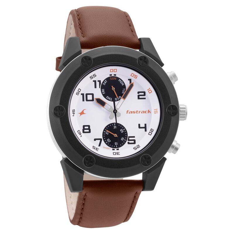 Fastrack Modular Quartz Analog White Dial Leather Strap Watch for Guys