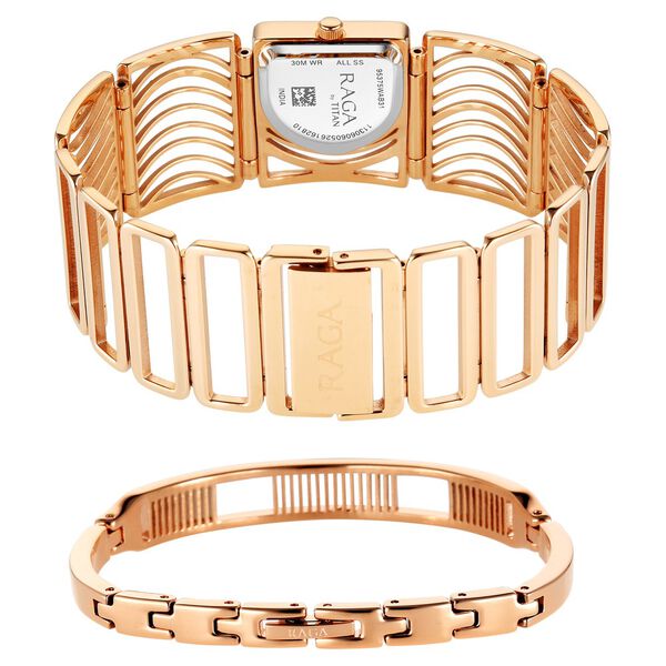 Titan Raga Ethereal Quartz Analog Mother of Pearl Dial Rose Gold Stainless Steel Strap Watch For Women - image number 5