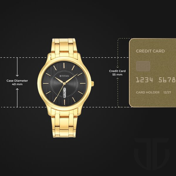 Titan Karishma Quartz Analog with Day and Date Black Dial Golden Stainless Steel Strap Watch For Men - image number 2
