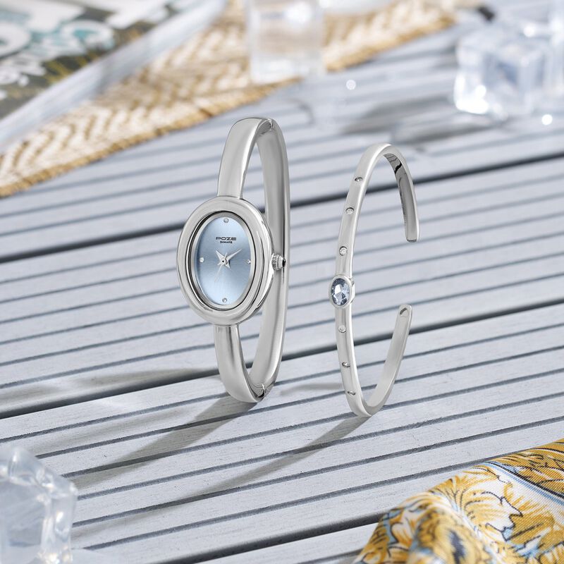 Poze Poze Quartz Analog Blue Dial Silver Metal Strap Watch For Women