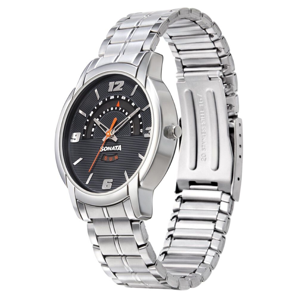 Buy Online Sonata RPM Quartz Analog with Day and Date Black Dial Metal Strap Watch for Men ns77031sm06 Titan