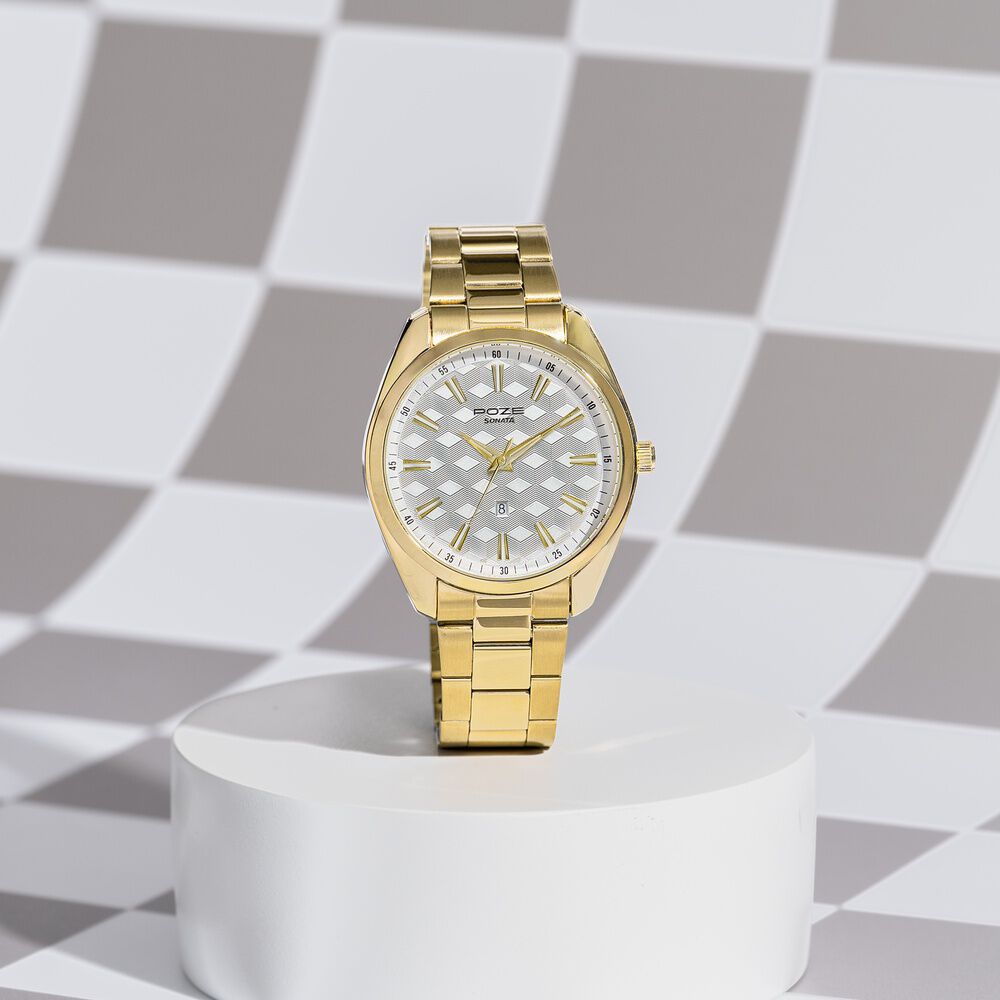 Sonata Poze Quartz Analog Two Toned Dial Golden Colour Stainless Steel Strap Watch For Men-image-19