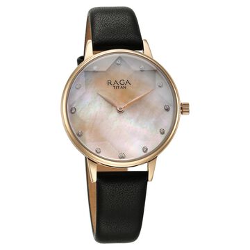 Titan Raga Showstopper Quartz Analog Mother Of Pearl Round Dial Black Leather Strap Watch For Women