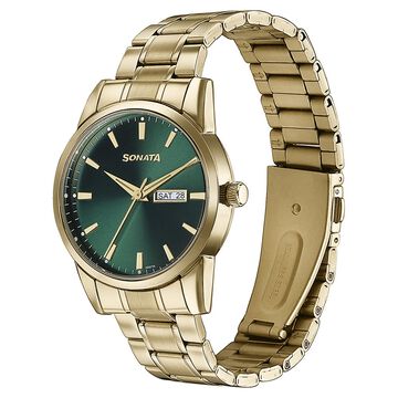Sonata Quartz Analog with Day and Date Green Dial Golden Stainless Steel Strap Watch For Men