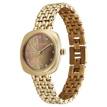 Titan Aura Quartz Analog Brown Mother of Pearl Dial Golden Stainless Steel Strap Watch for Women