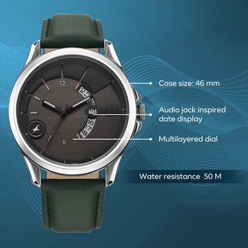 Fastrack Groove Quartz Analog with Date Grey Dial Green Leather Strap Watch For Guys