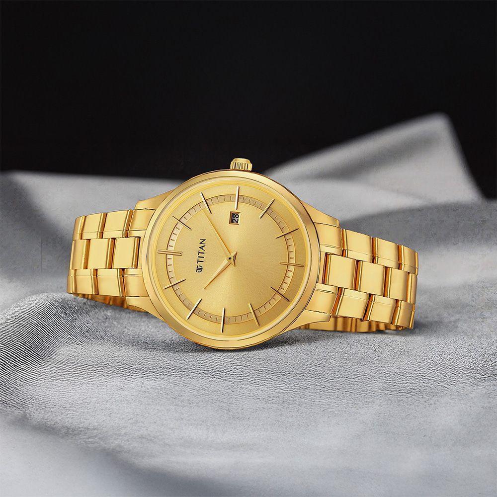 Titan Classique Slimline Champagne Dial Analog with Day and Date Stainless Steel Strap Watch for Men-picture-14
