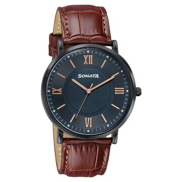 Sonata Verve Quartz Analog Black Dial Brown Leather Strap Watch For Men