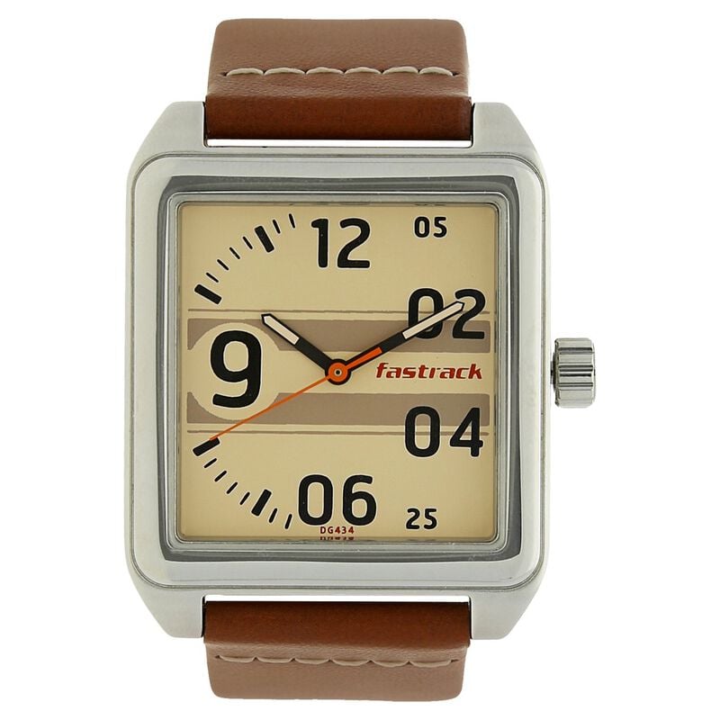 Fastrack Bare Basics Quartz Analog Beige Dial Leather Strap Watch for Guys