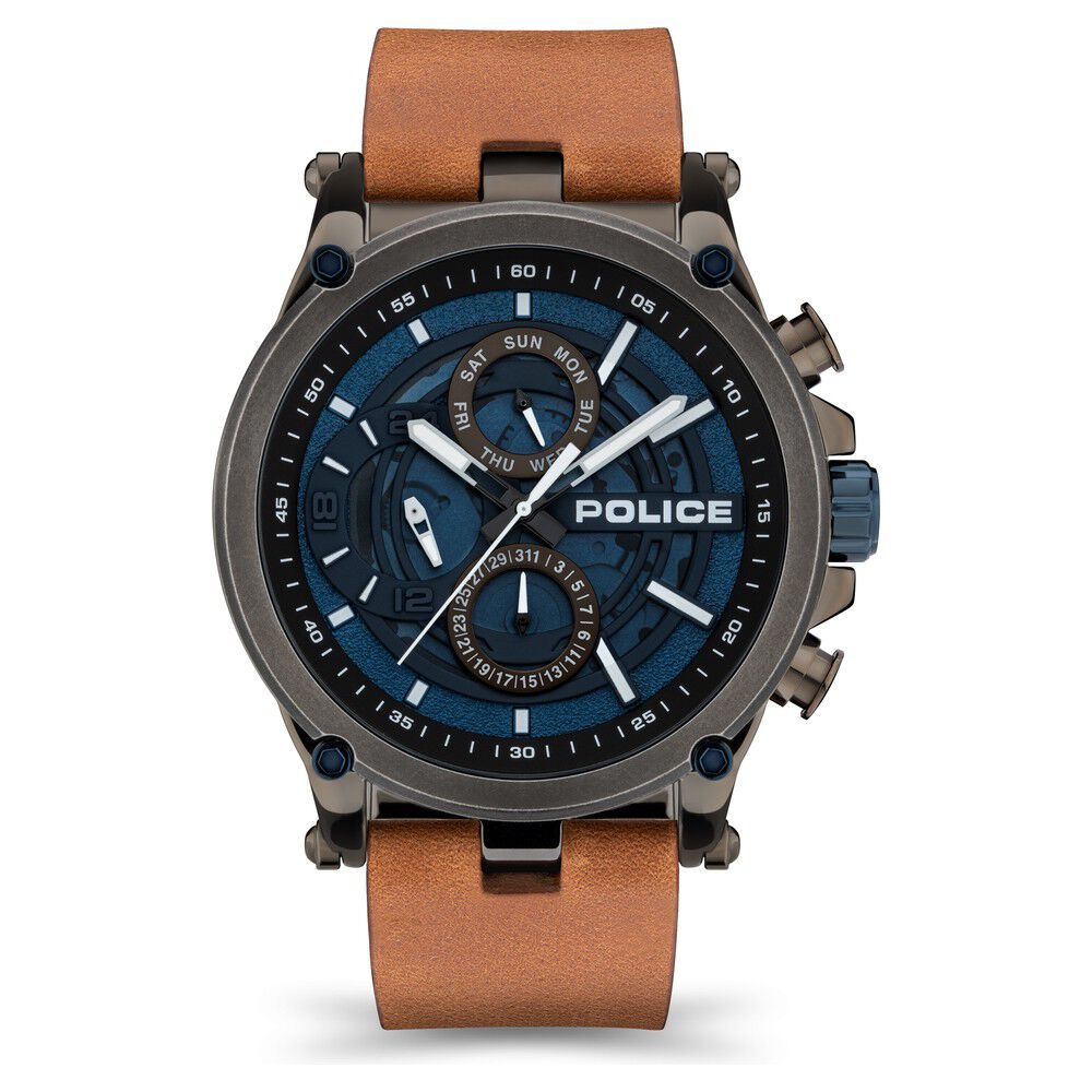 Buy Online Police Quartz Multifunction Blue Dial Leather Strap