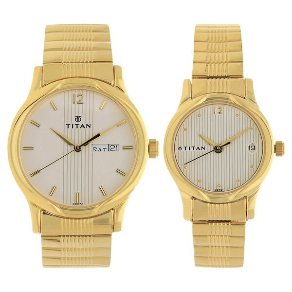 Titan Quartz Analog with Day and Date White Dial Metal Strap Watch for Couple - image number 0