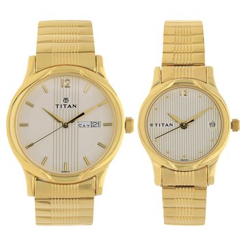 Titan Quartz Analog with Day and Date White Dial Metal Strap Watch for Couple