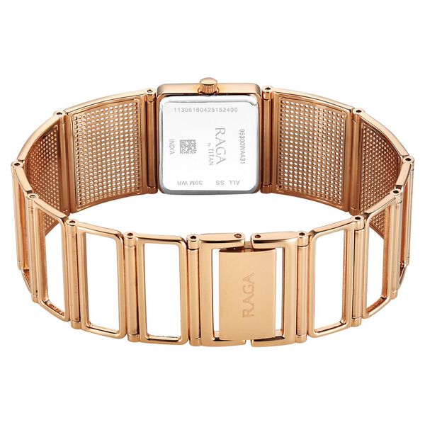 Titan Raga Ethereal Quartz Analog White Mother Of Pearl Dial Rose Gold Stainless Steel Strap Watch For Women - image number 5