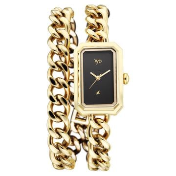 Vyb Showstopper By Fastrack Quartz Analog Black Dial Golden Metal Strap Watch For Girls