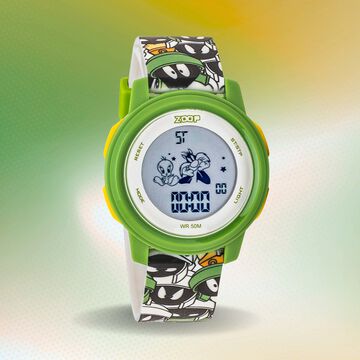 Zoop Looney Tunes Digital Watch with Green Case and Green Multi Color Strap for Boys Girls Kids, from House of Titan