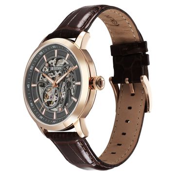 Titan Phoenix Skeletal Automatic Analog with Gun Dial Brown Leather Strap Watch for Men