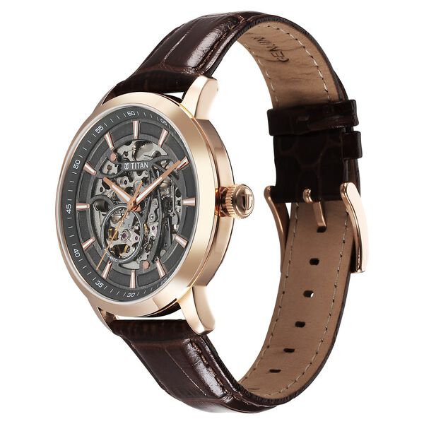 Titan Phoenix Skeletal Automatic Analog with Gun Dial Brown Leather Strap Watch for Men - image number 3