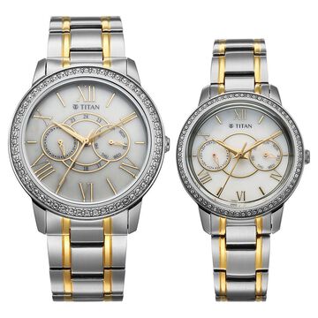 Titan Royal Bandhan Quartz Analog with Day and Date White Dial Two Toned Strap Watch For Couple