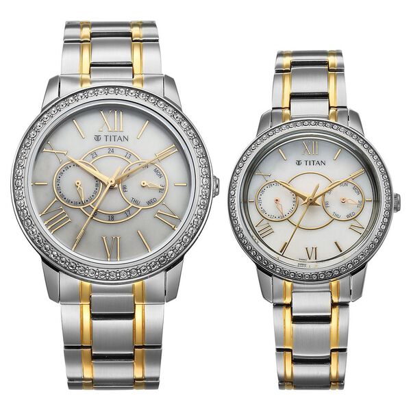 Titan Royal Bandhan Quartz Analog with Day and Date White Dial Two Toned Strap Watch For Couple - image number 0