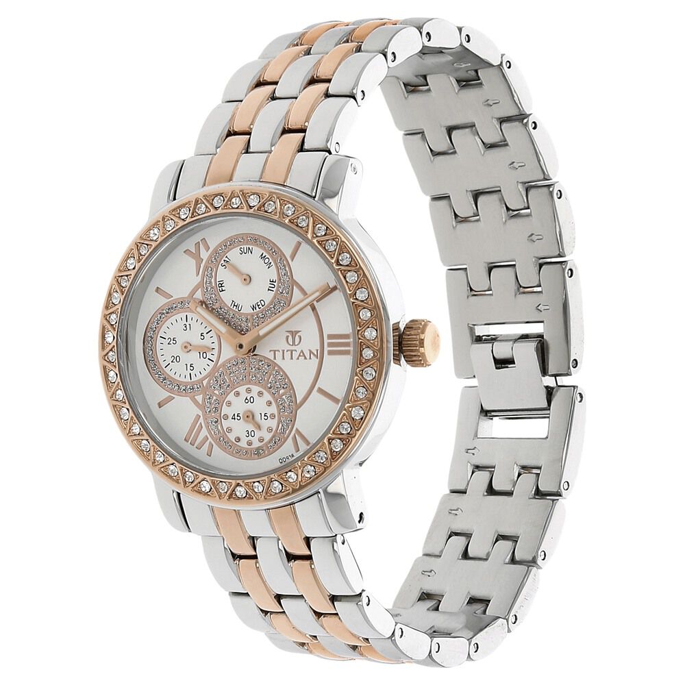 Buy Online Titan Quartz Analog with Day and Date Silver Dial Metal Strap Watch for Women ns9743km01 Titan