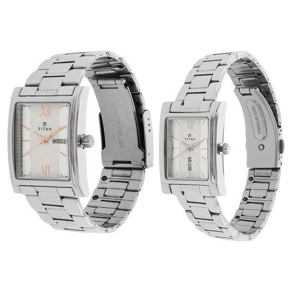Titan Bandhan Silver Dial Analog with Day and Date Stainless Steel Strap watch for Couple - image number 1