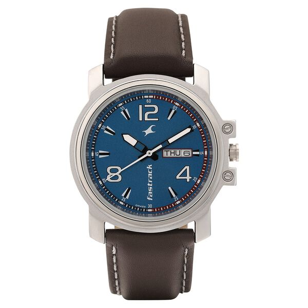 Fastrack Quartz Analog with Day and Date Blue Dial Leather Strap Watch for Guys - image number 1
