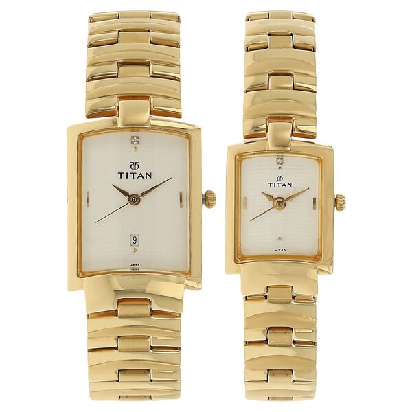 Titan Quartz Analog with Date White Dial Stainless Steel Strap Watch for Couple - image number 0