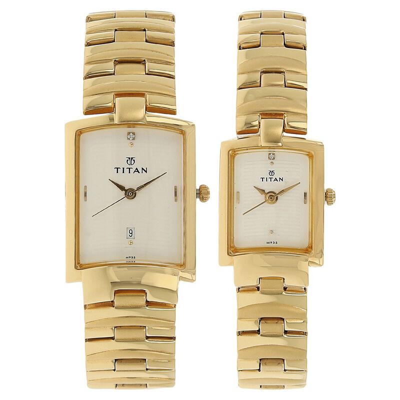Titan Quartz Analog with Date White Dial Stainless Steel Strap Watch for Couple
