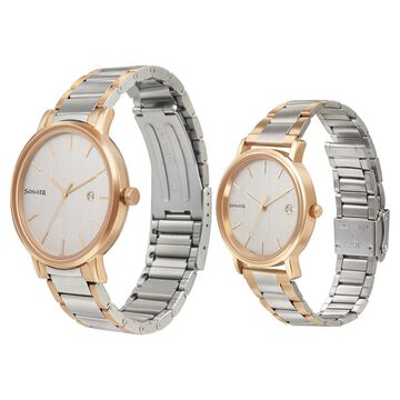 Sonata Quartz Analog with Date White Dial Metal Strap Watch for Couple