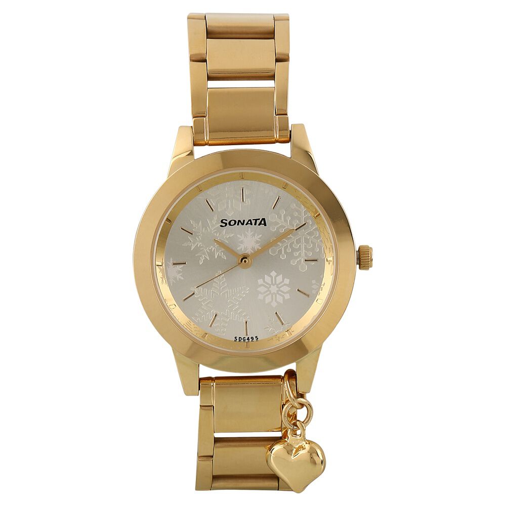 Buy Online Sonata Charmed Golden Dial Women Watch With Stainless