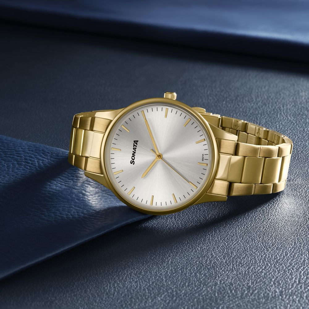 Buy Online Sonata Quartz Analog Silver Dial Golden Stainless Steel Strap Watch For Men 77144ym02 p Titan